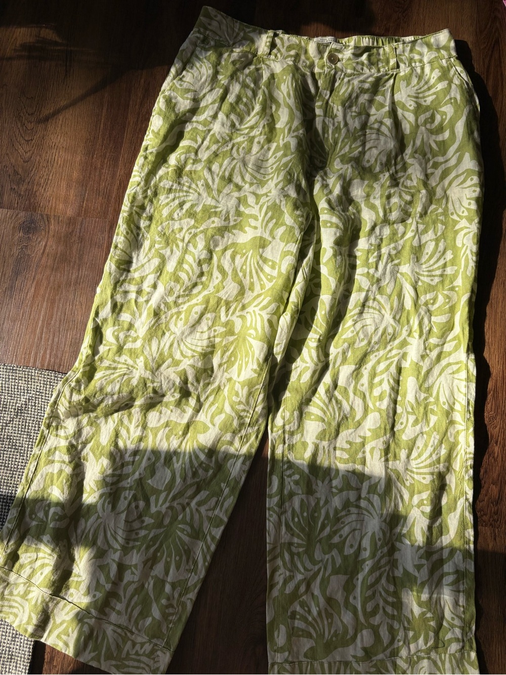 Rachel Zoe Lime Green + White Botanical Wide-Leg Pants